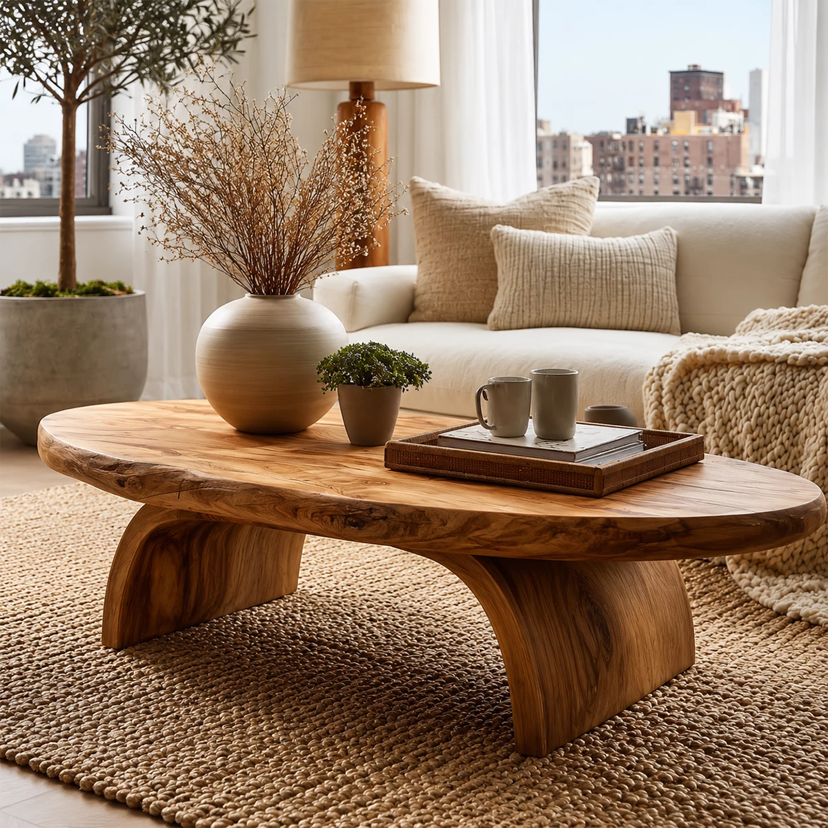 Round Organic Solid Wood Coffee Table With Live Edge Top And Sculptural Block Legs For Modern Living Room