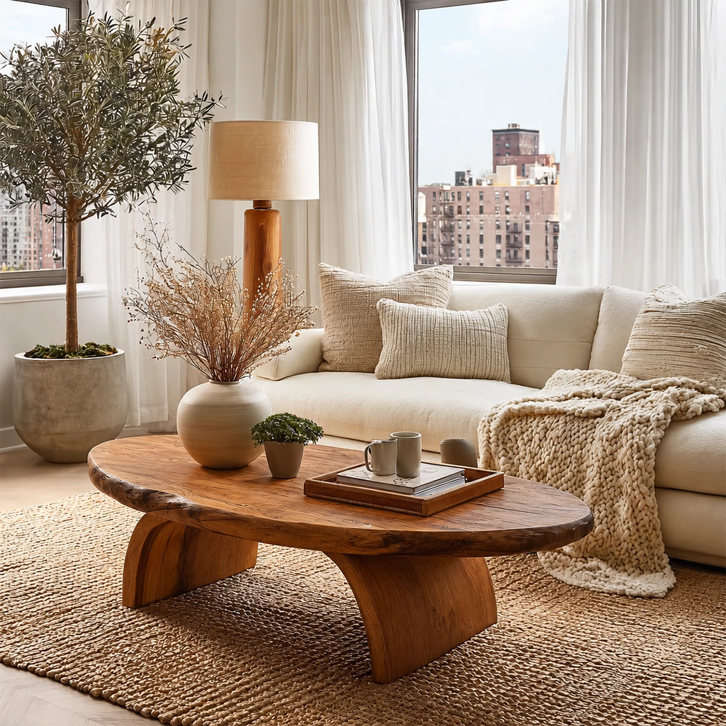 Round Organic Solid Wood Coffee Table With Live Edge Top And Sculptural Block Legs For Modern Living Room