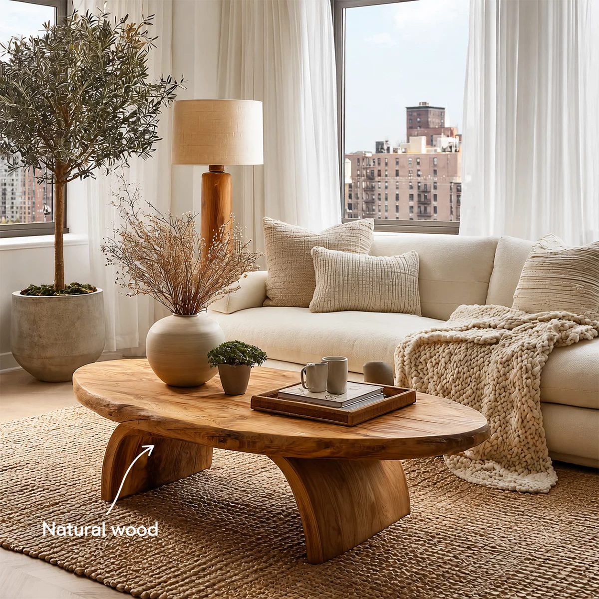 Round Organic Solid Wood Coffee Table With Live Edge Top And Sculptural Block Legs For Modern Living Room