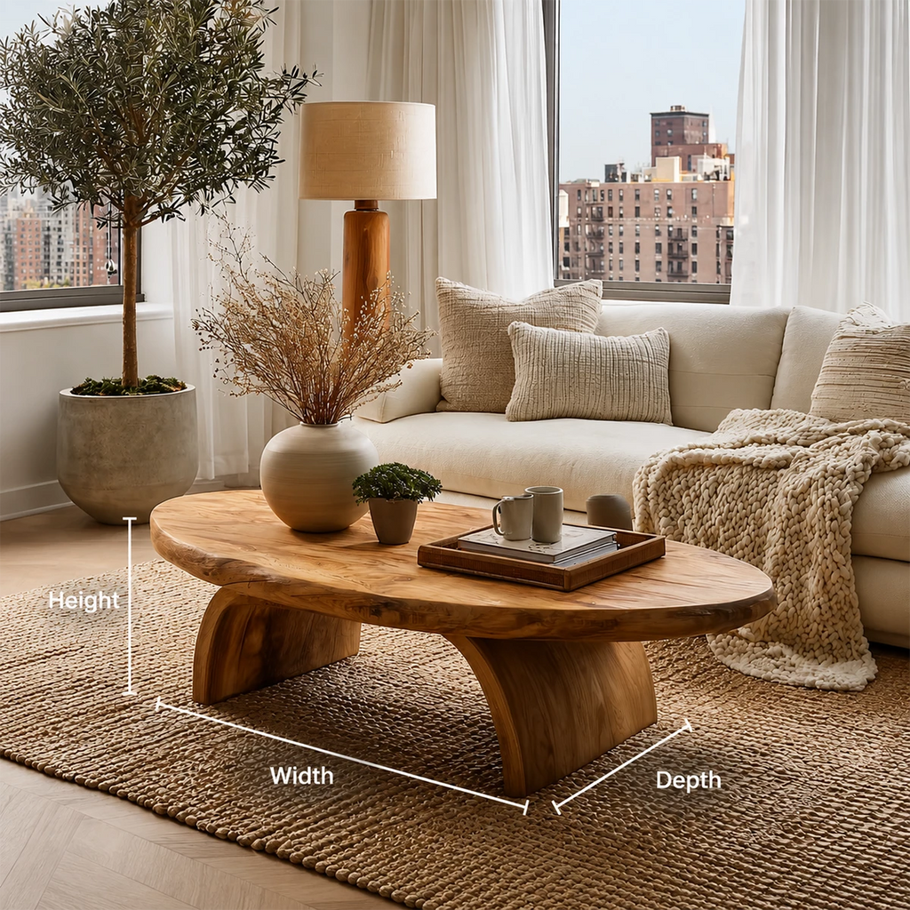 Round Organic Solid Wood Coffee Table With Live Edge Top And Sculptural Block Legs For Modern Living Room