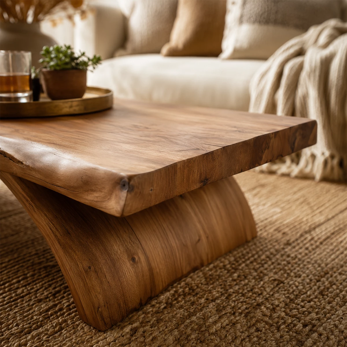 Live Edge Solid Wood Coffee Table With Natural Wood Top And Sculptural Block Legs For Modern Living Room