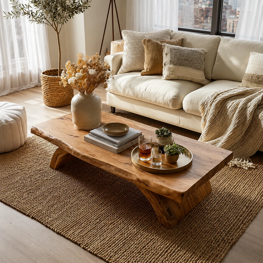 Live Edge Solid Wood Coffee Table With Natural Wood Top And Sculptural Block Legs For Modern Living Room
