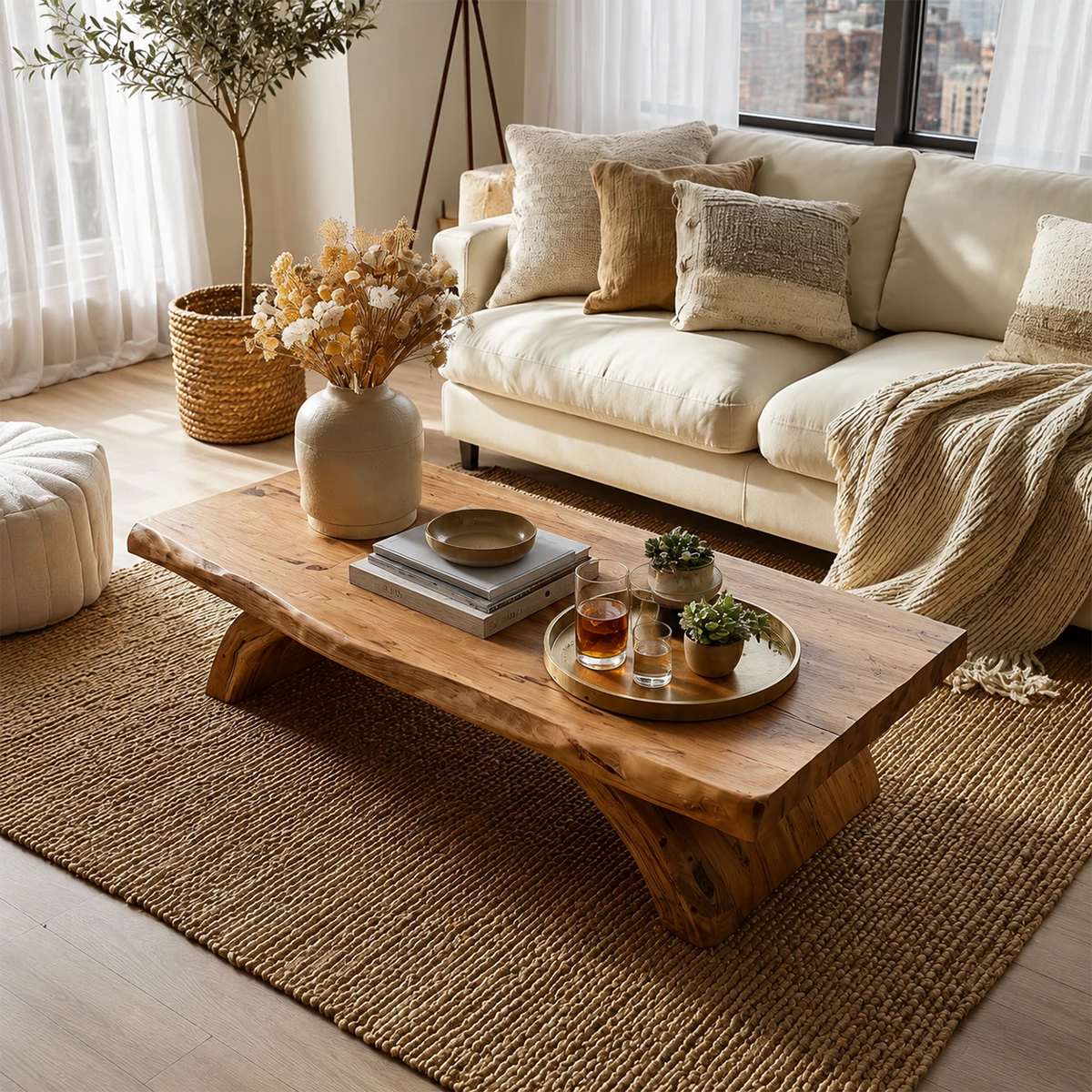 Live Edge Solid Wood Coffee Table With Natural Wood Top And Sculptural Block Legs For Modern Living Room