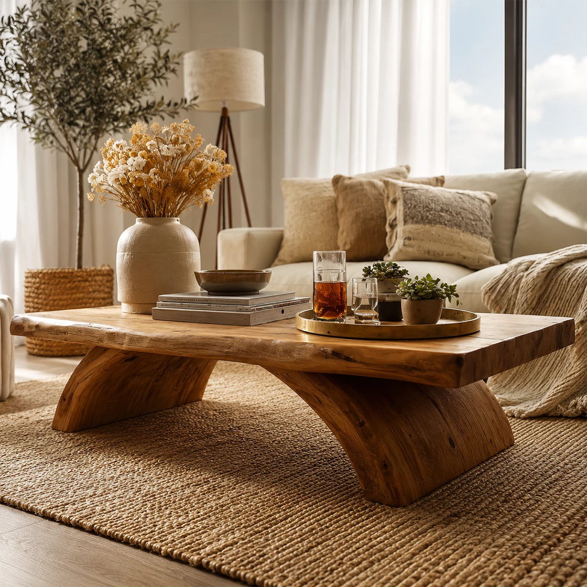 Live Edge Solid Wood Coffee Table With Natural Wood Top And Sculptural Block Legs For Modern Living Room
