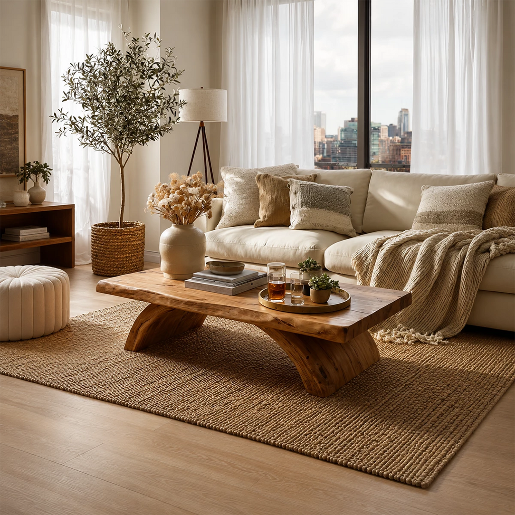 Live Edge Solid Wood Coffee Table With Natural Wood Top And Sculptural Block Legs For Modern Living Room