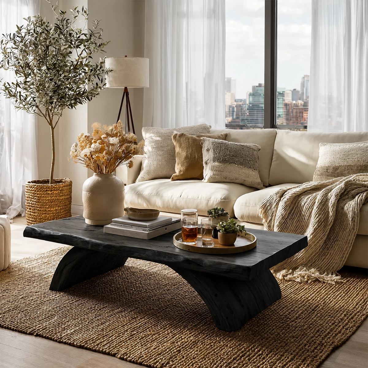 Live Edge Solid Wood Coffee Table With Natural Wood Top And Sculptural Block Legs For Modern Living Room