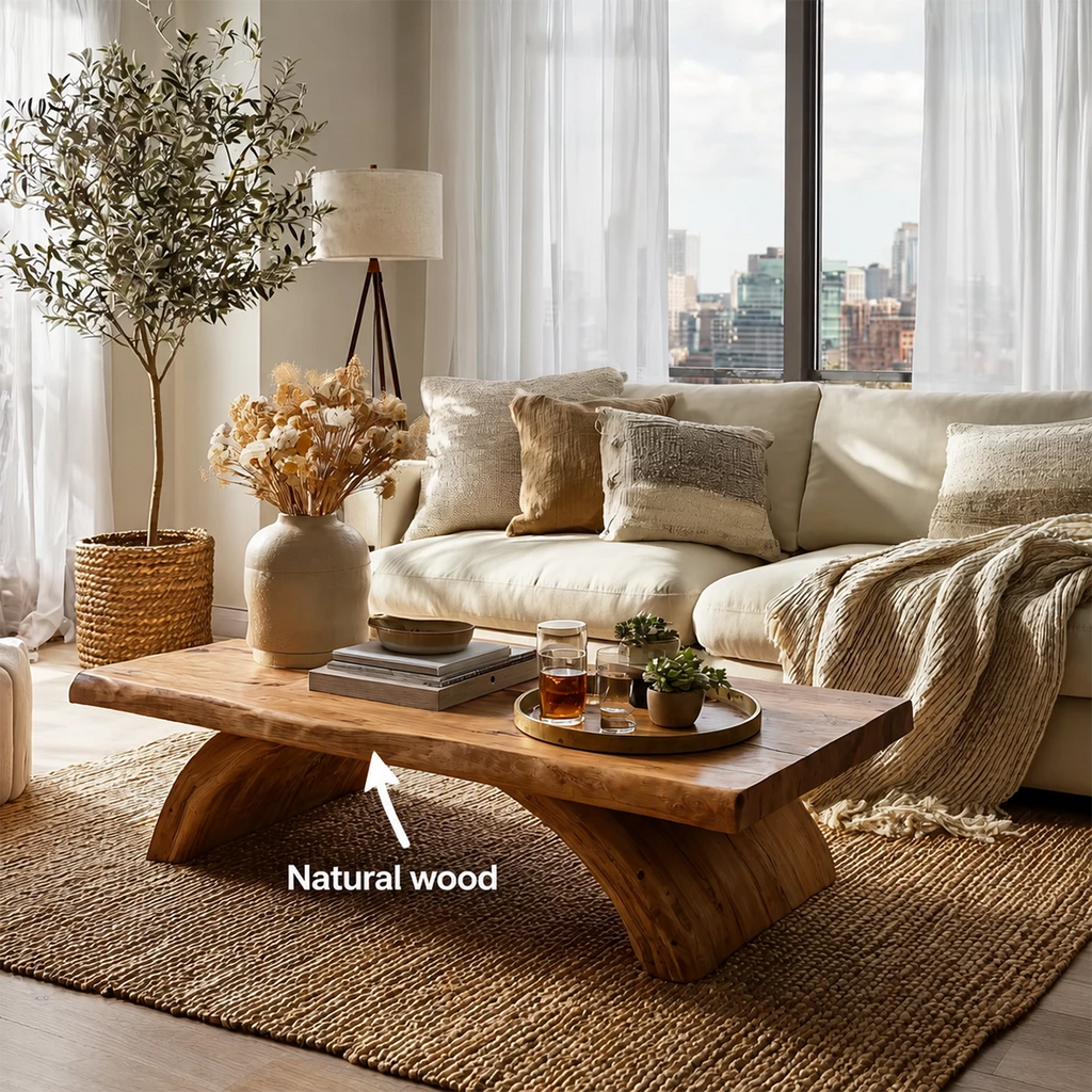 Live Edge Solid Wood Coffee Table With Natural Wood Top And Sculptural Block Legs For Modern Living Room