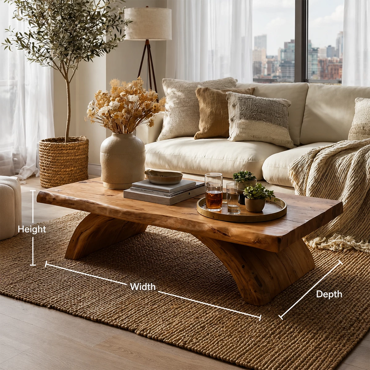 Live Edge Solid Wood Coffee Table With Natural Wood Top And Sculptural Block Legs For Modern Living Room
