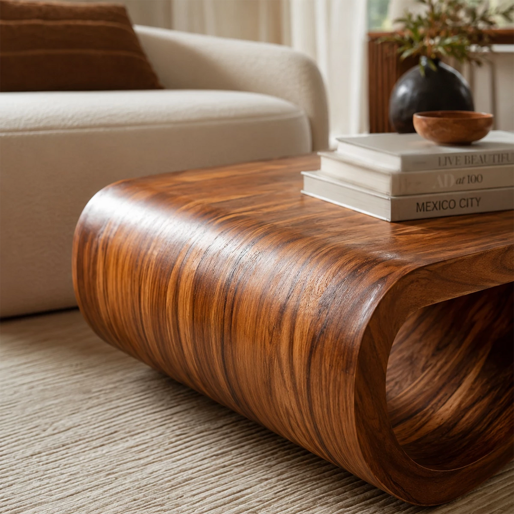 Sculptural Solid Wood Coffee Table With Curved Waterfall Base And Natural Wood Grain For Modern Living Room