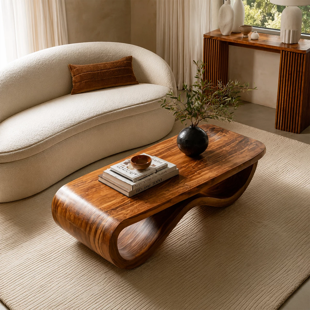 Sculptural Solid Wood Coffee Table With Curved Waterfall Base And Natural Wood Grain For Modern Living Room