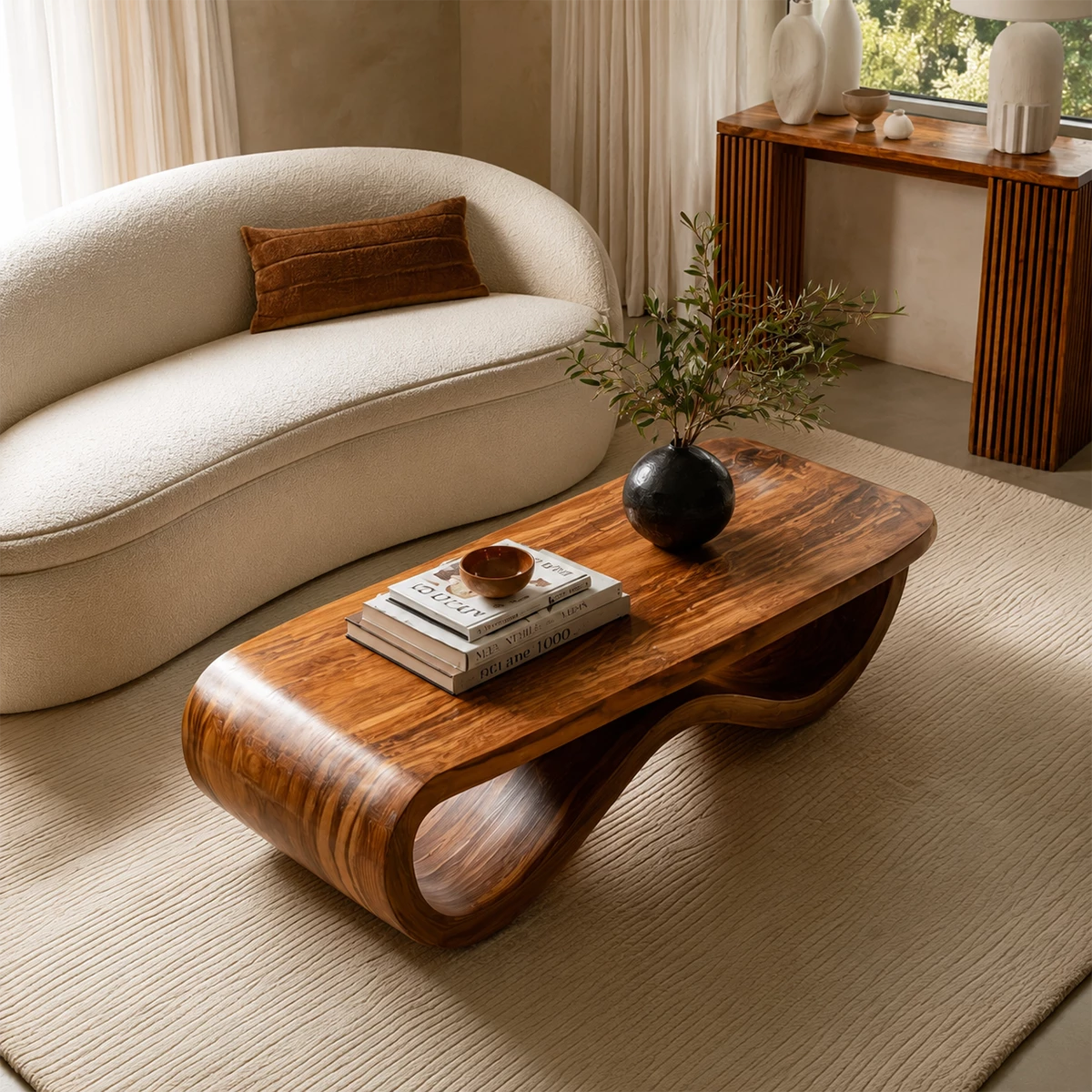 Sculptural Solid Wood Coffee Table With Curved Waterfall Base And Natural Wood Grain For Modern Living Room
