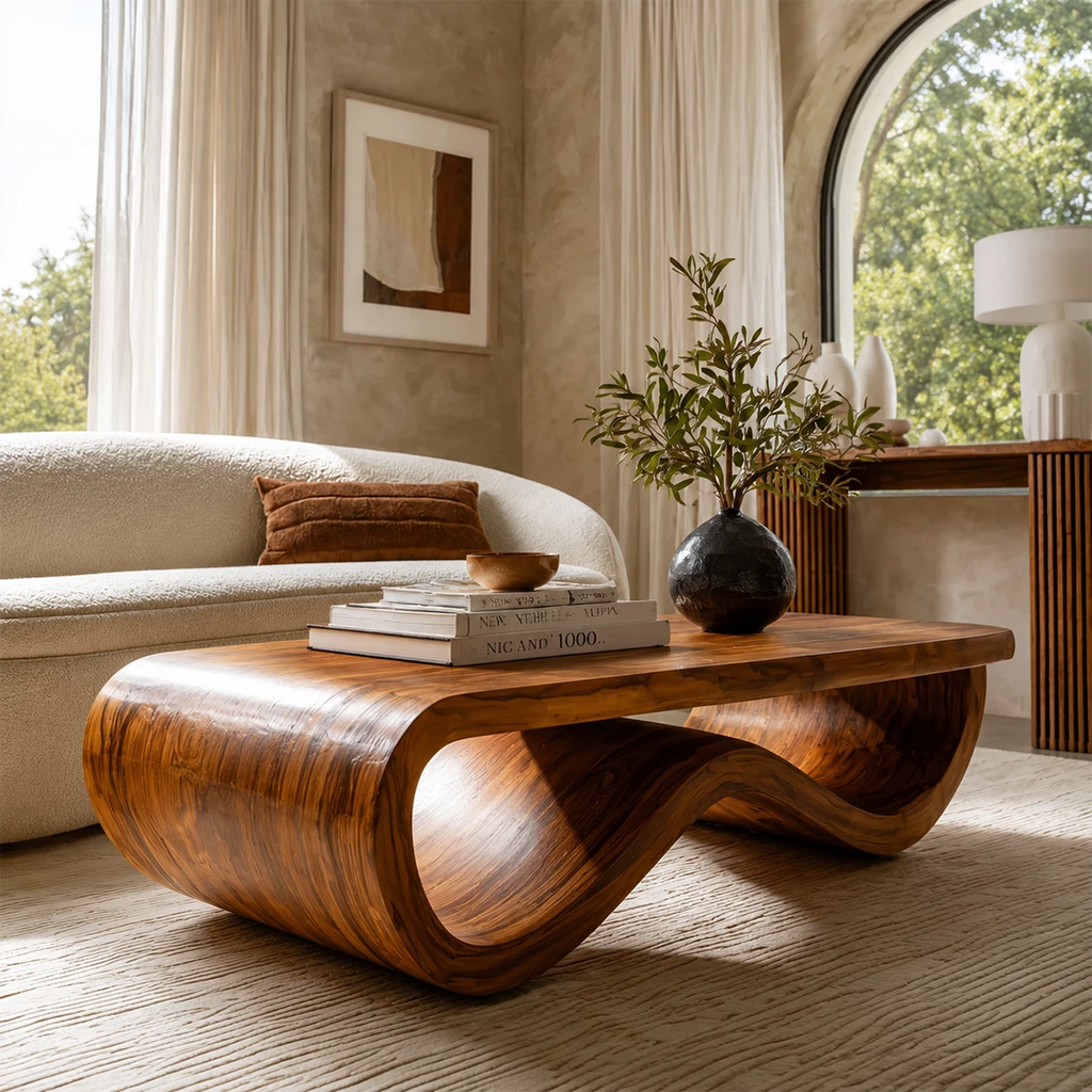 Sculptural Solid Wood Coffee Table With Curved Waterfall Base And Natural Wood Grain For Modern Living Room