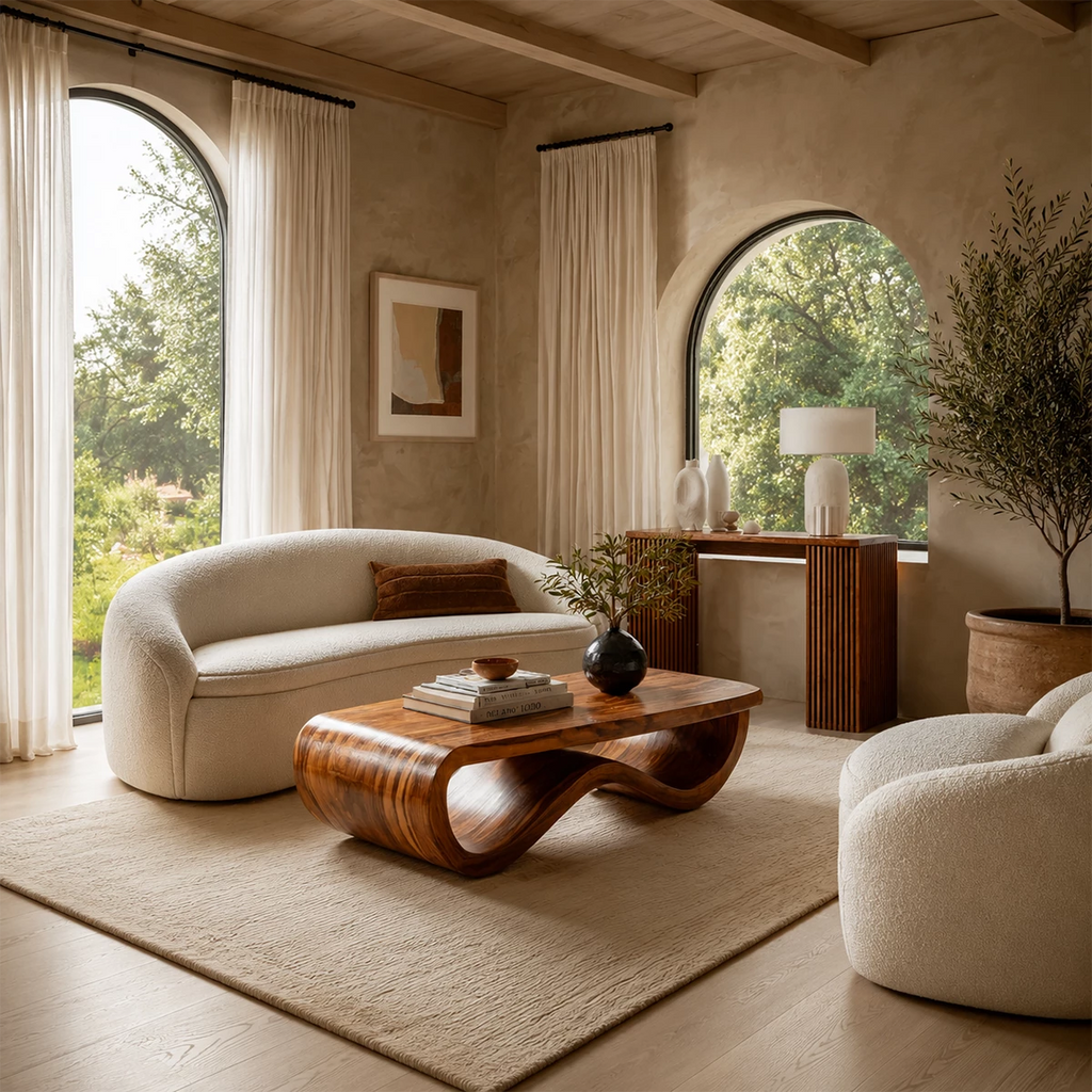 Sculptural Solid Wood Coffee Table With Curved Waterfall Base And Natural Wood Grain For Modern Living Room