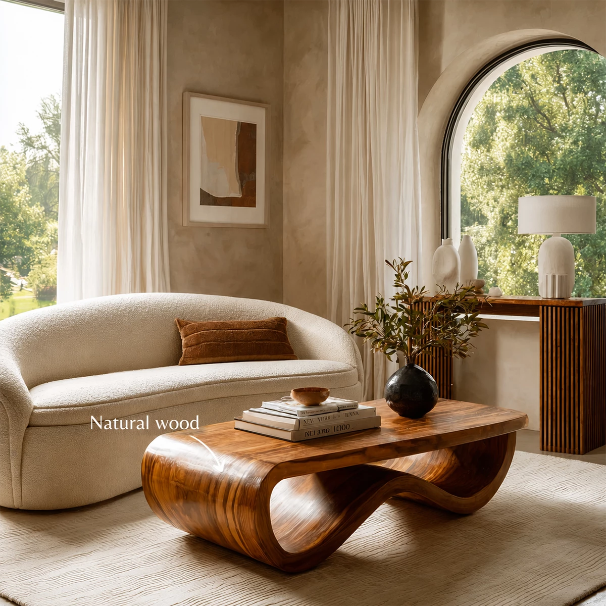 Sculptural Solid Wood Coffee Table With Curved Waterfall Base And Natural Wood Grain For Modern Living Room