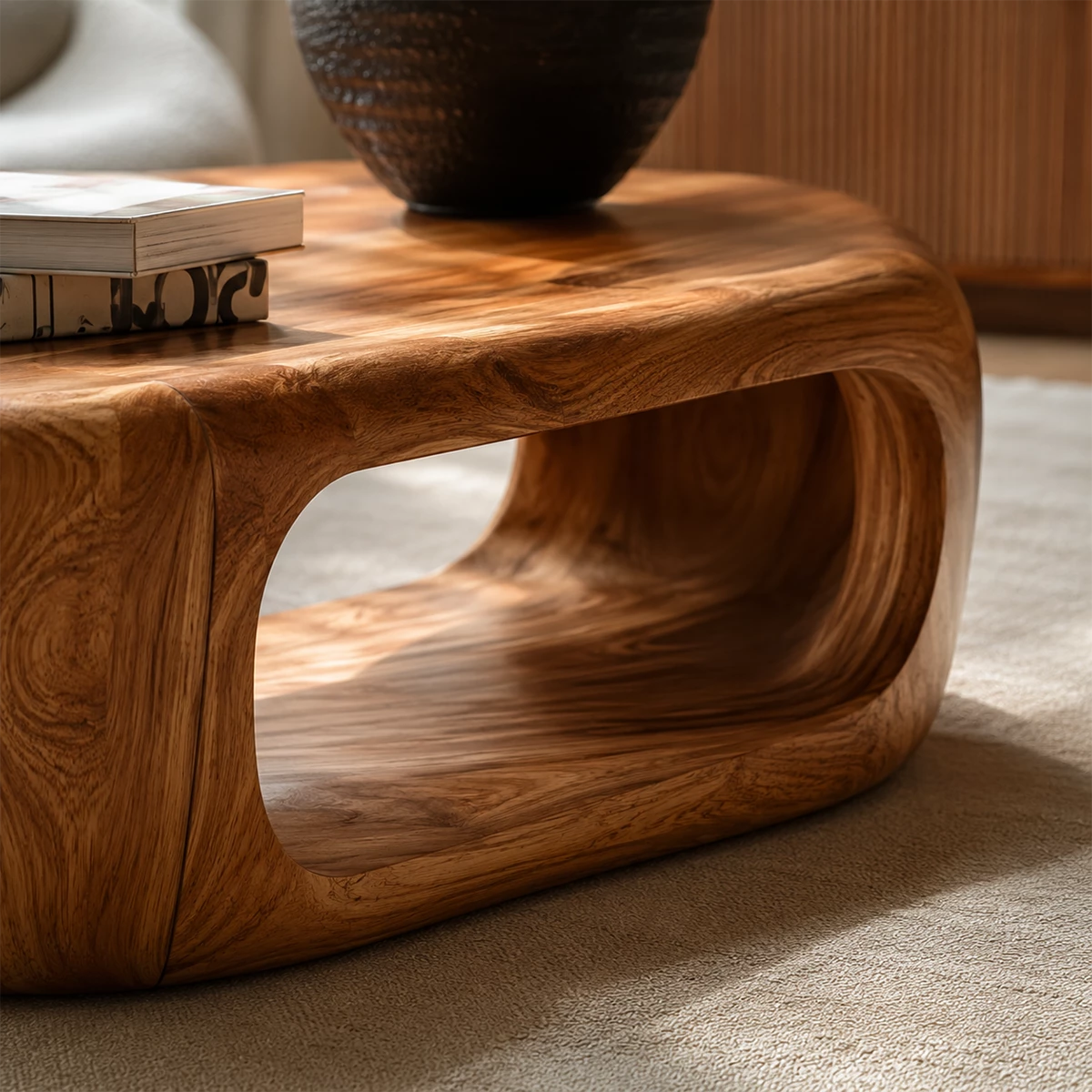 Sculptural Solid Wood Coffee Table With Rounded Waterfall Base And Open Center For Modern Living Room