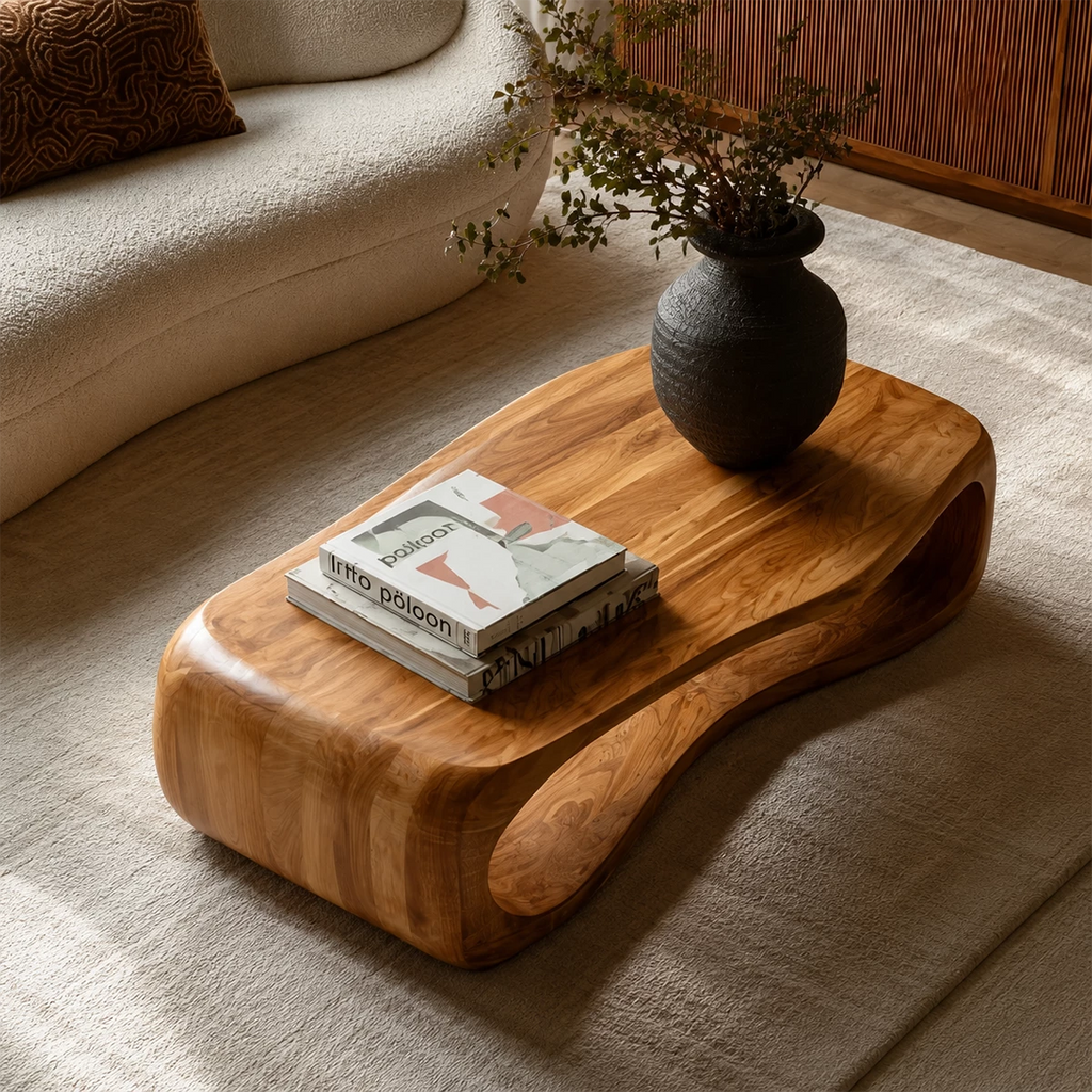 Sculptural Solid Wood Coffee Table With Rounded Waterfall Base And Open Center For Modern Living Room