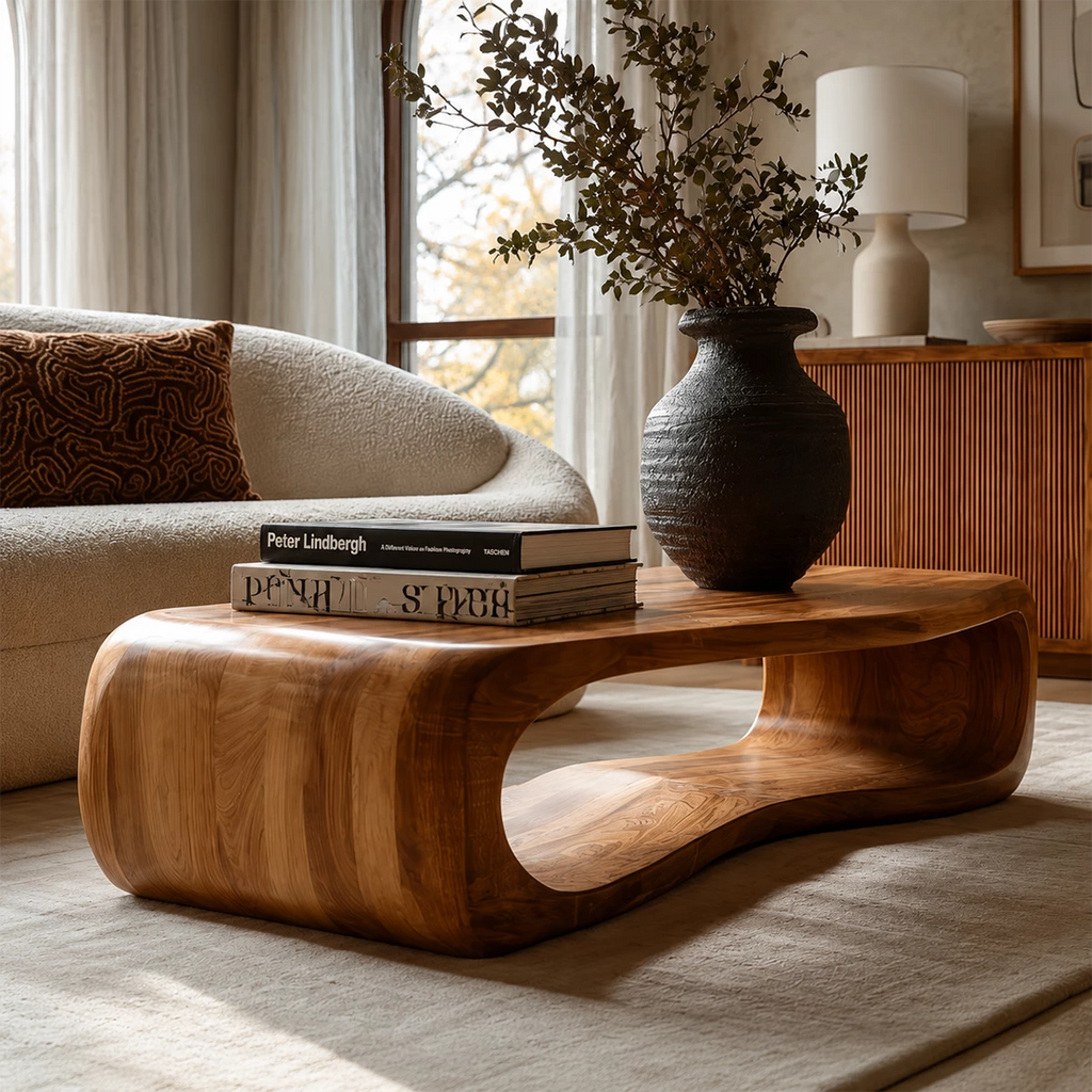 Sculptural Solid Wood Coffee Table With Rounded Waterfall Base And Open Center For Modern Living Room