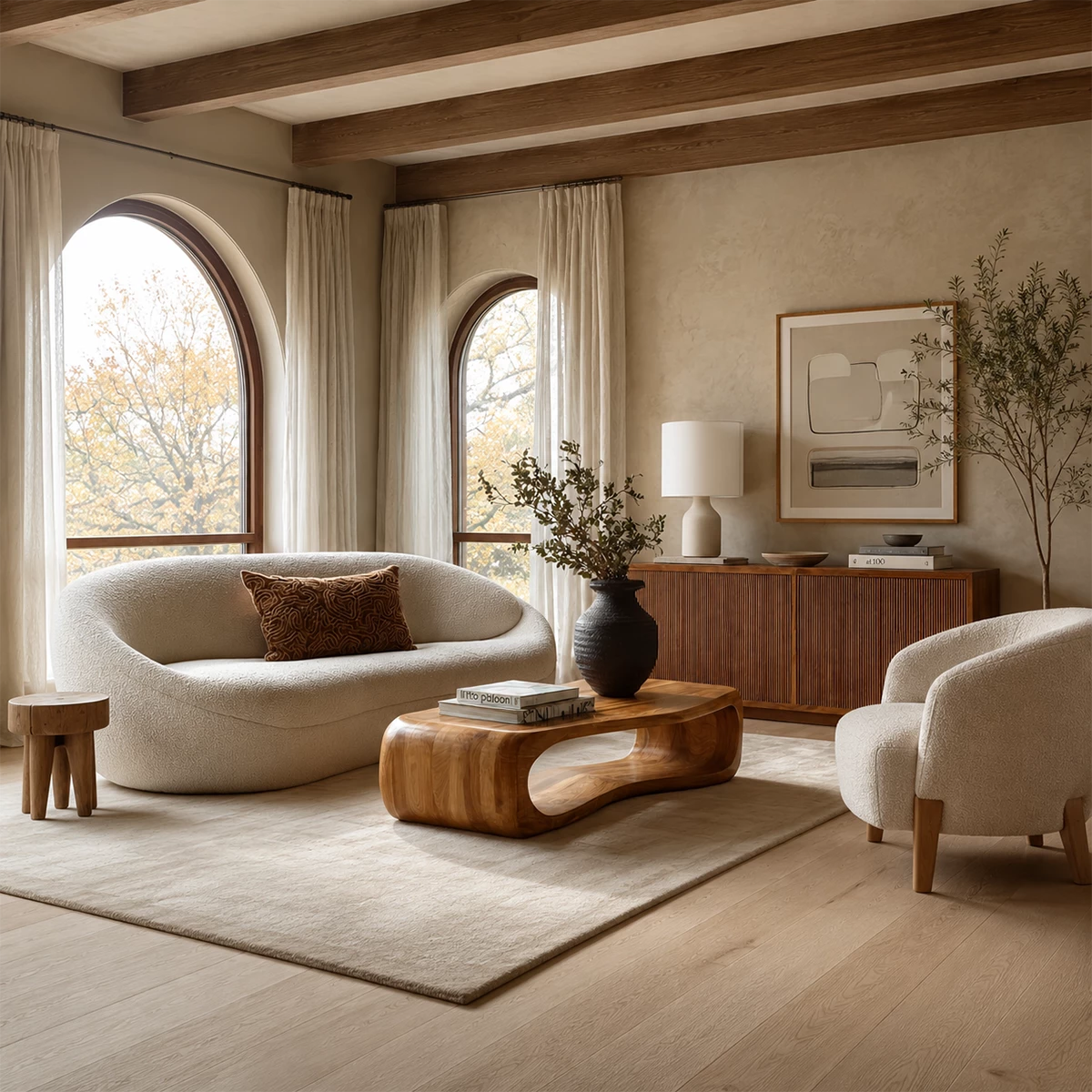 Sculptural Solid Wood Coffee Table With Rounded Waterfall Base And Open Center For Modern Living Room
