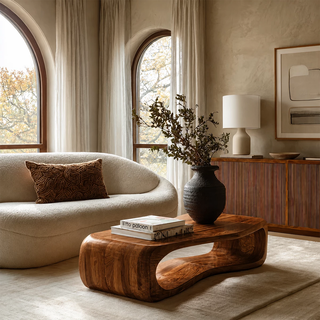 Sculptural Solid Wood Coffee Table With Rounded Waterfall Base And Open Center For Modern Living Room