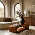 Sculptural Solid Wood Coffee Table With Rounded Waterfall Base And Open Center For Modern Living Room