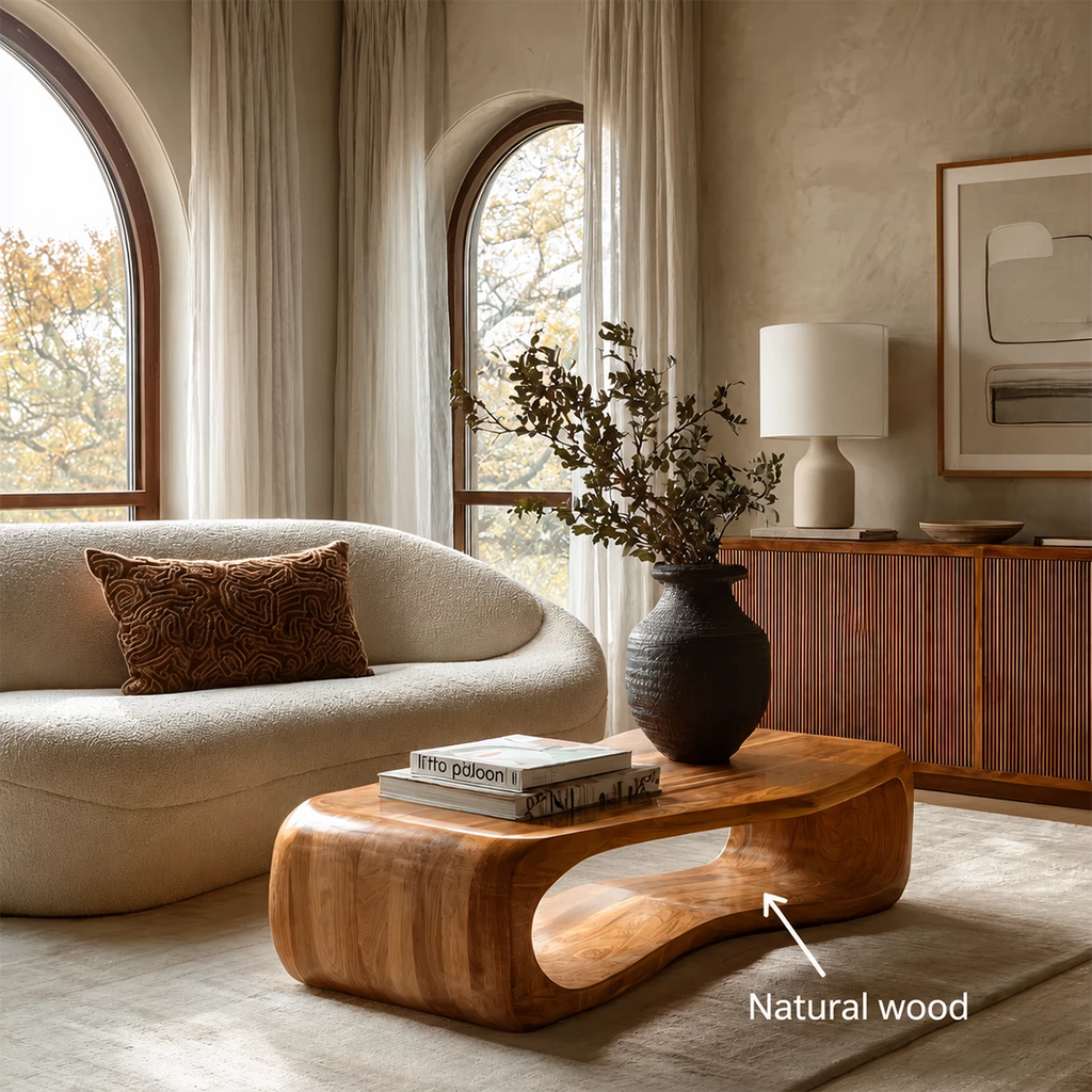 Sculptural Solid Wood Coffee Table With Rounded Waterfall Base And Open Center For Modern Living Room