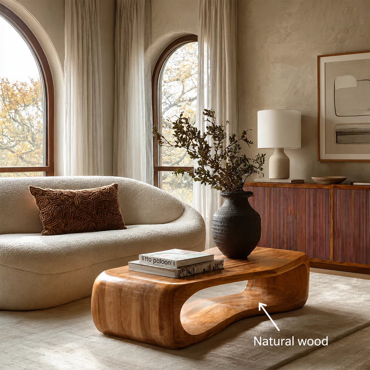 Sculptural Solid Wood Coffee Table With Rounded Waterfall Base And Open Center For Modern Living Room