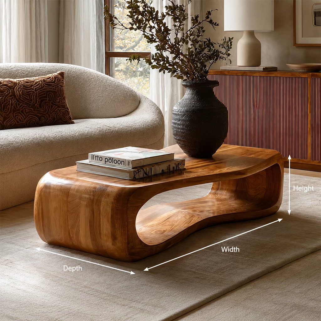 Sculptural Solid Wood Coffee Table With Rounded Waterfall Base And Open Center For Modern Living Room