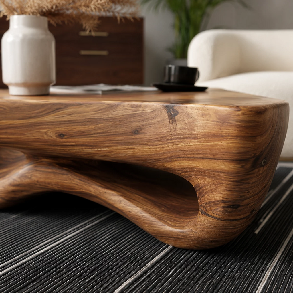 Sculptural Solid Wood Coffee Table With Wave Hollow Base And Natural Wood Grain For Modern Living Room