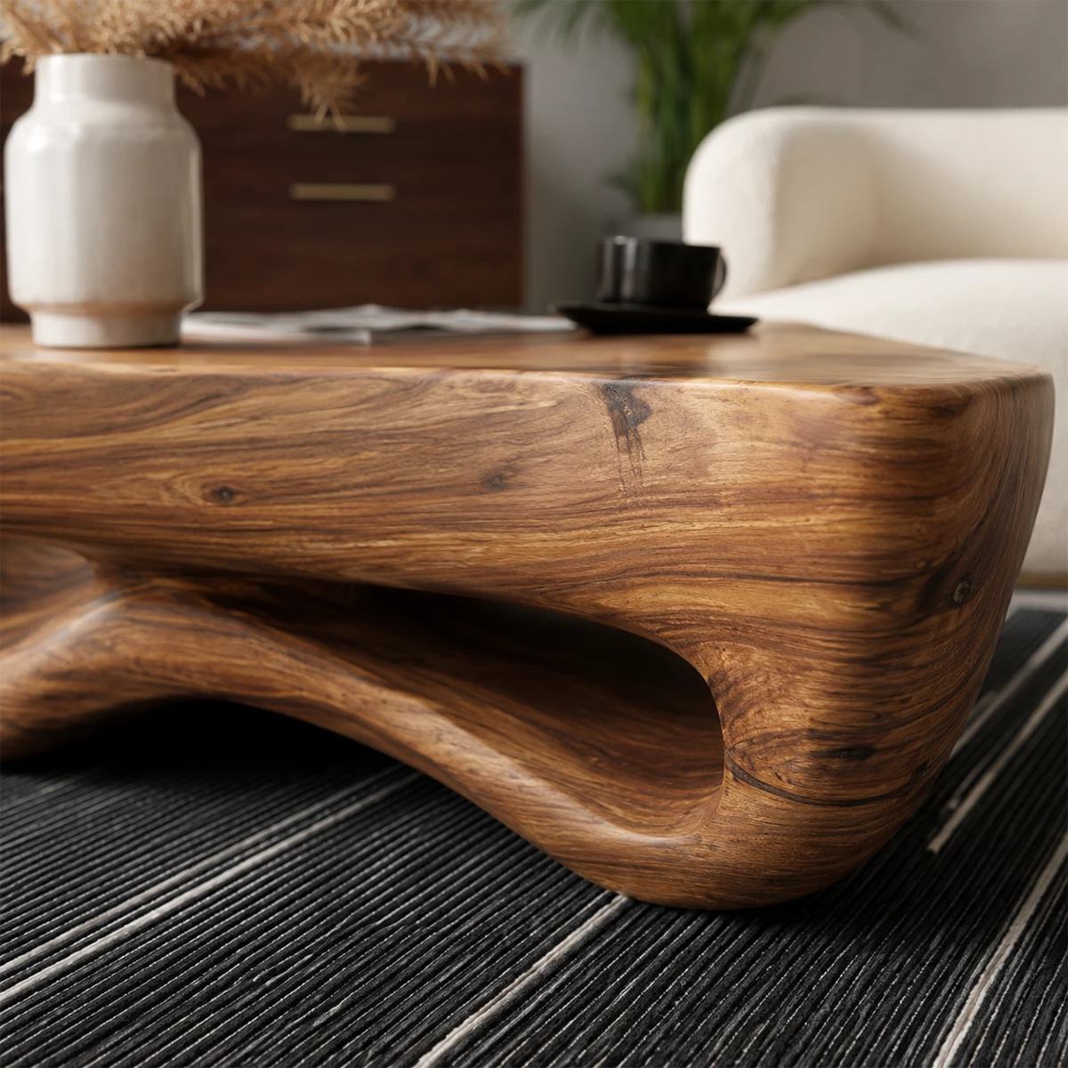 Sculptural Solid Wood Coffee Table With Wave Hollow Base And Natural Wood Grain For Modern Living Room