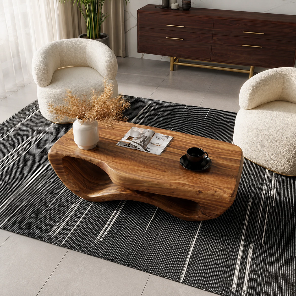 Sculptural Solid Wood Coffee Table With Wave Hollow Base And Natural Wood Grain For Modern Living Room