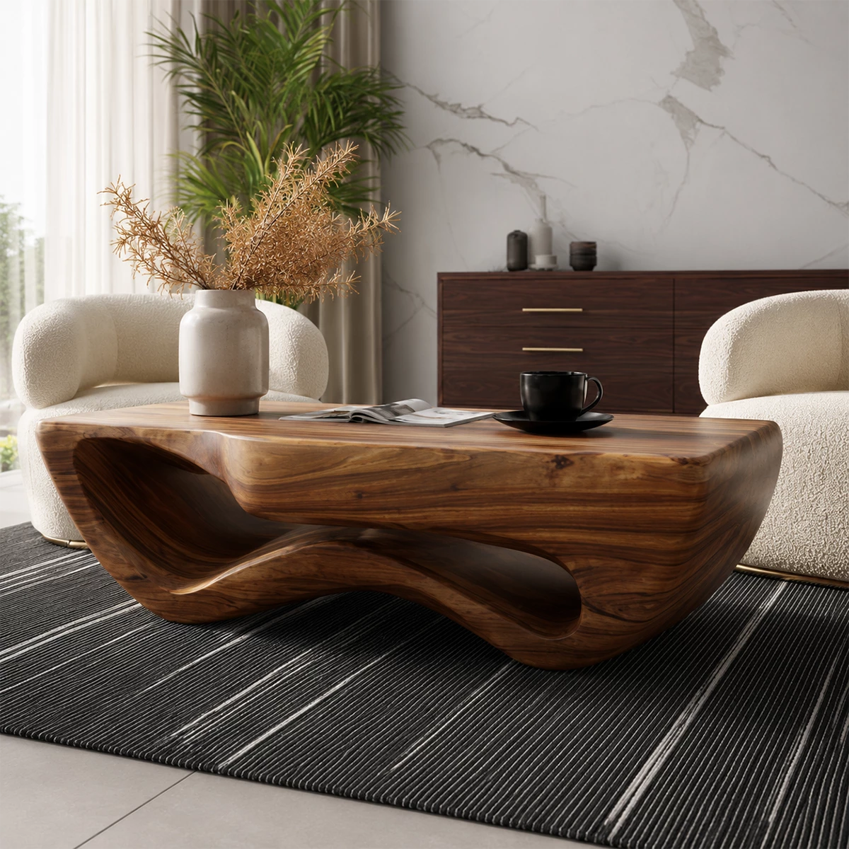 Sculptural Solid Wood Coffee Table With Wave Hollow Base And Natural Wood Grain For Modern Living Room