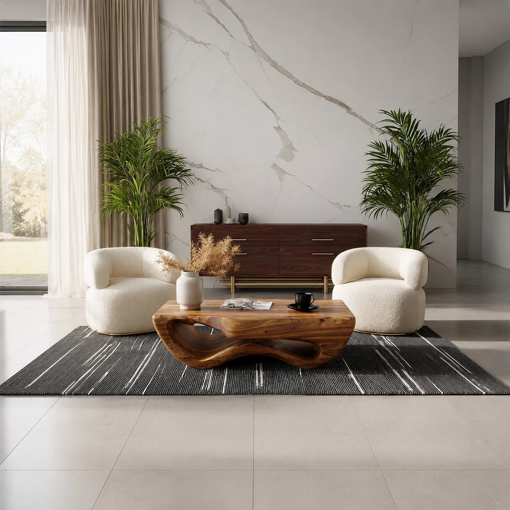 Sculptural Solid Wood Coffee Table With Wave Hollow Base And Natural Wood Grain For Modern Living Room