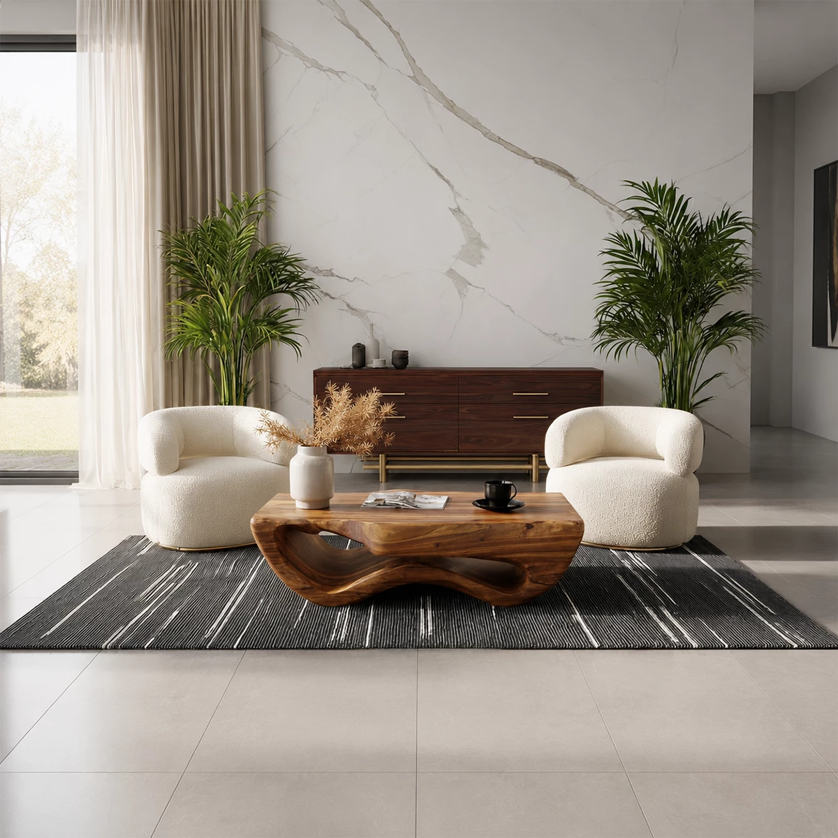 Sculptural Solid Wood Coffee Table With Wave Hollow Base And Natural Wood Grain For Modern Living Room