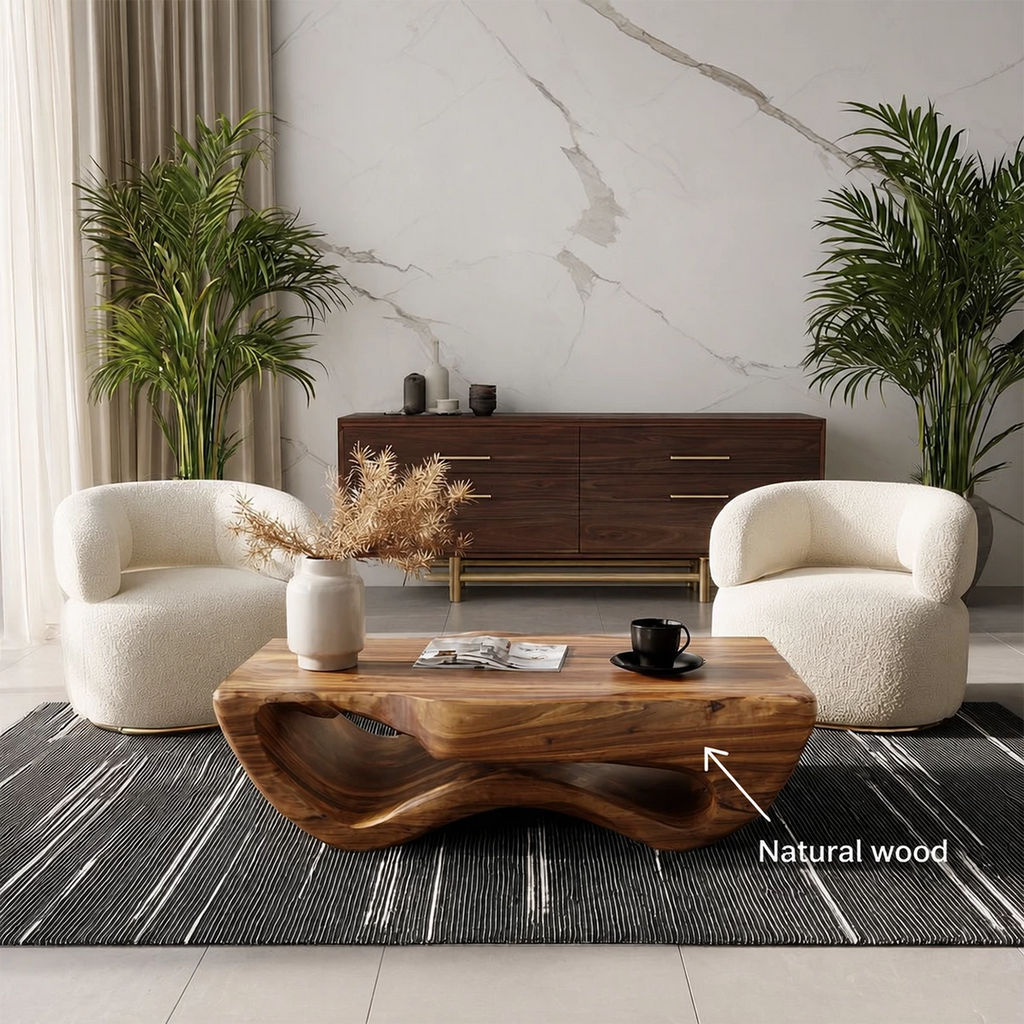 Sculptural Solid Wood Coffee Table With Wave Hollow Base And Natural Wood Grain For Modern Living Room
