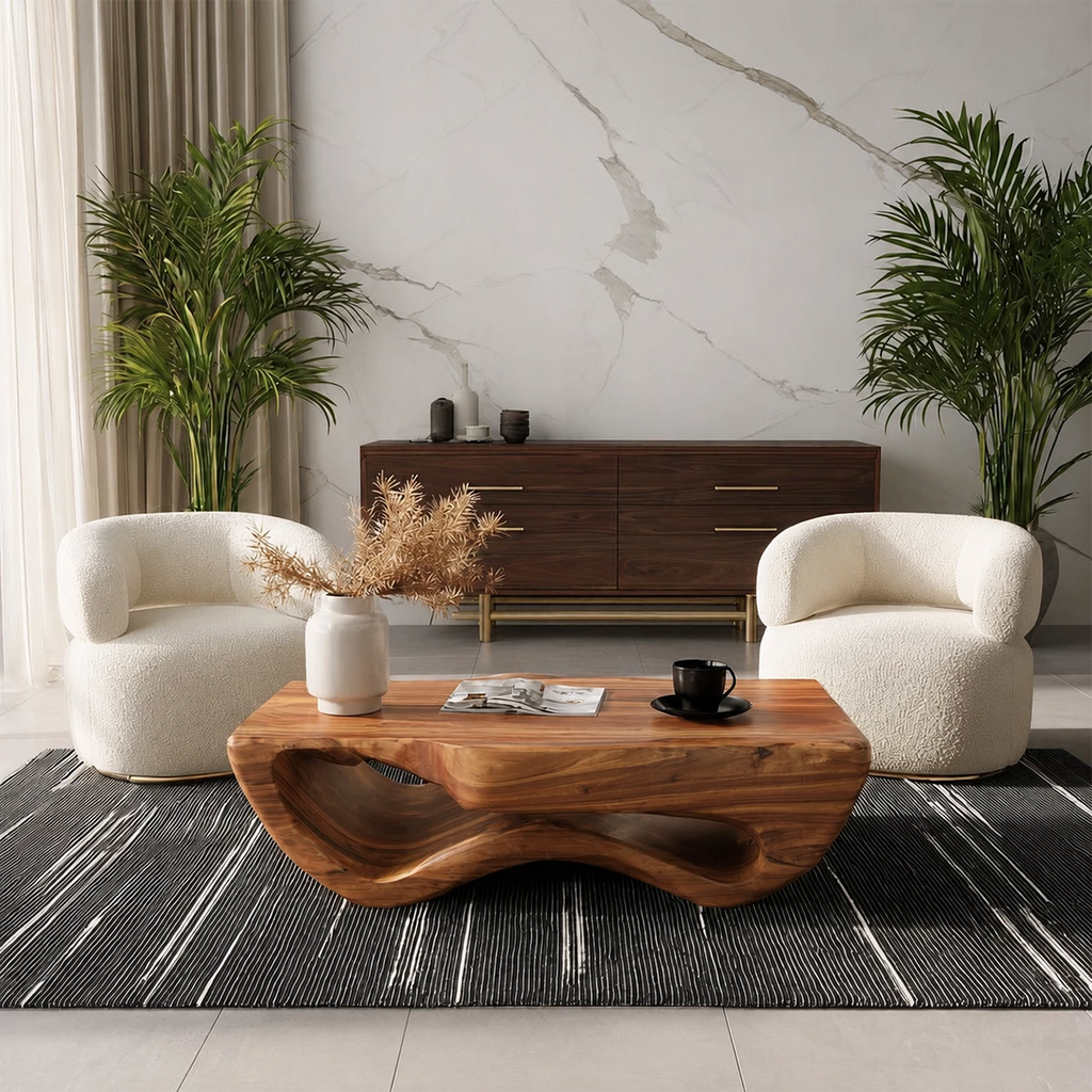 Sculptural Solid Wood Coffee Table With Wave Hollow Base And Natural Wood Grain For Modern Living Room