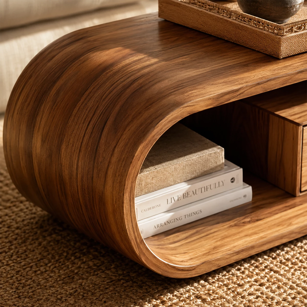 Sculptural Solid Wood Coffee Table With Curved Waterfall Base Storage Drawer And Open Shelf For Modern Living Room