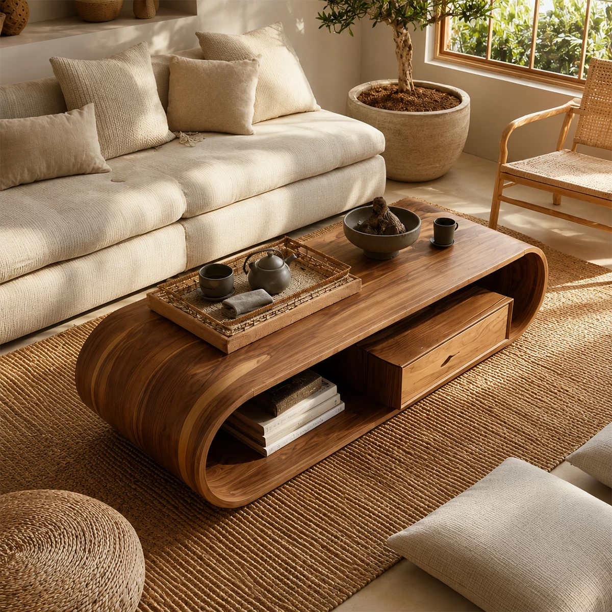 Sculptural Solid Wood Coffee Table With Curved Waterfall Base Storage Drawer And Open Shelf For Modern Living Room