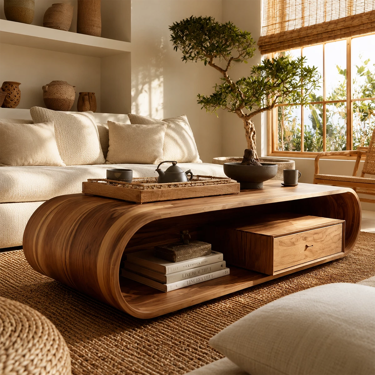 Sculptural Solid Wood Coffee Table With Curved Waterfall Base Storage Drawer And Open Shelf For Modern Living Room