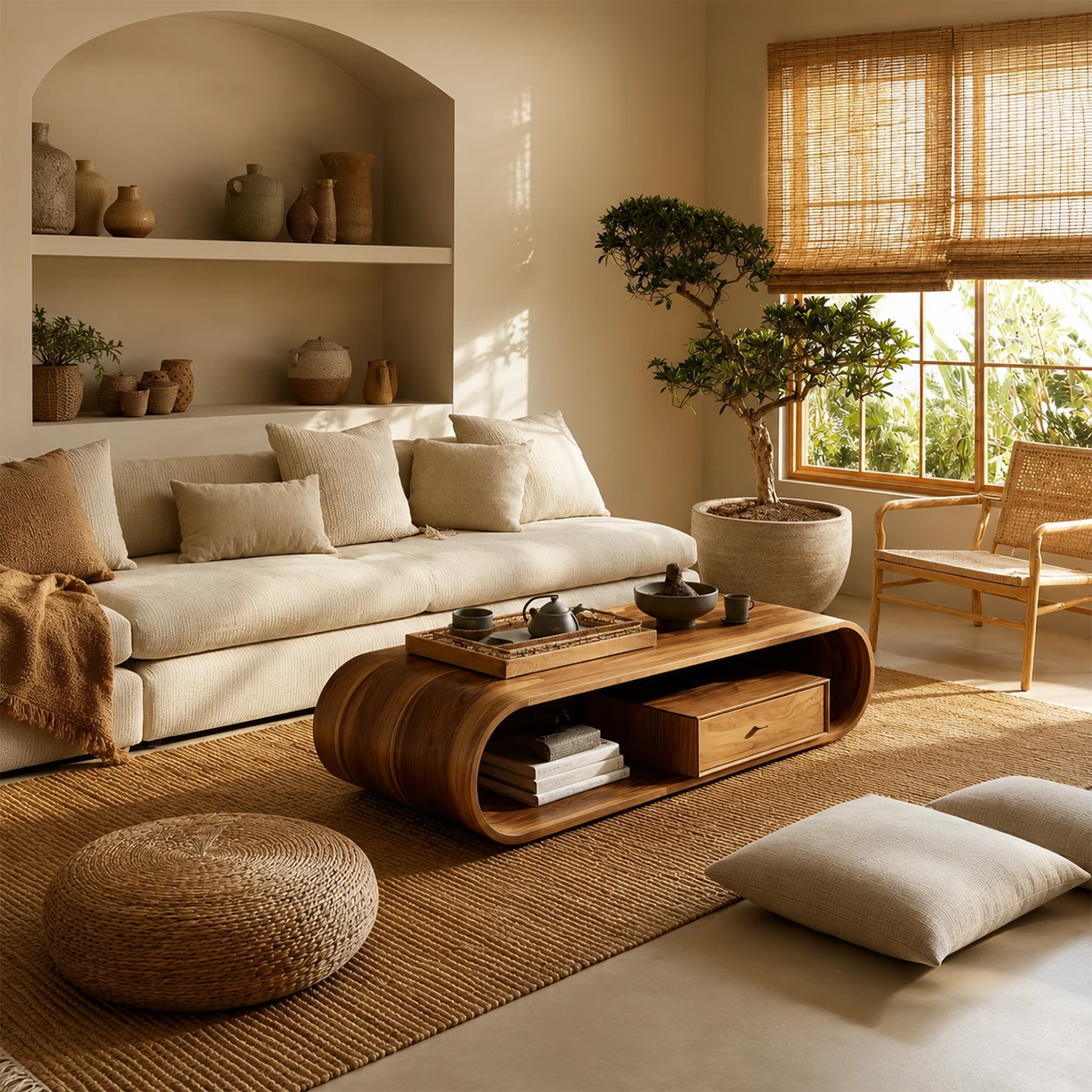 Sculptural Solid Wood Coffee Table With Curved Waterfall Base Storage Drawer And Open Shelf For Modern Living Room