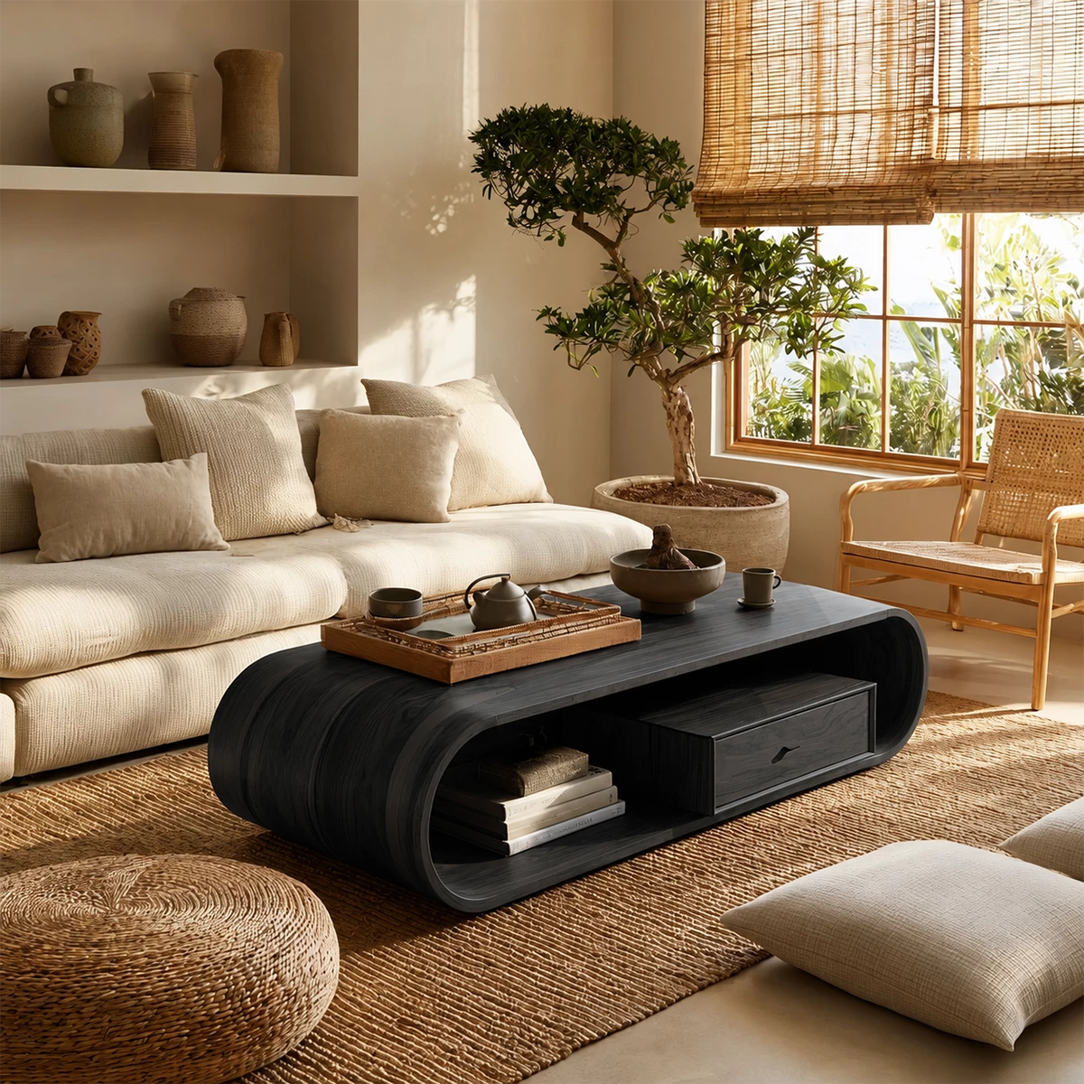 Sculptural Solid Wood Coffee Table With Curved Waterfall Base Storage Drawer And Open Shelf For Modern Living Room