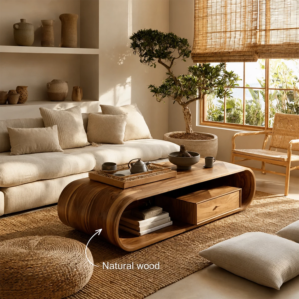 Sculptural Solid Wood Coffee Table With Curved Waterfall Base Storage Drawer And Open Shelf For Modern Living Room