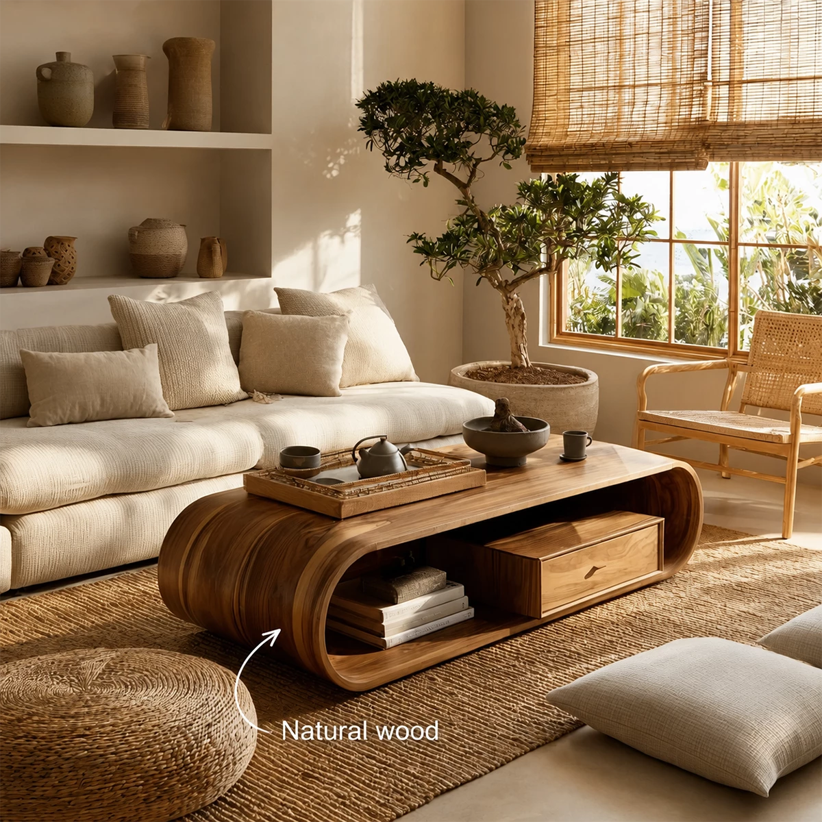 Sculptural Solid Wood Coffee Table With Curved Waterfall Base Storage Drawer And Open Shelf For Modern Living Room