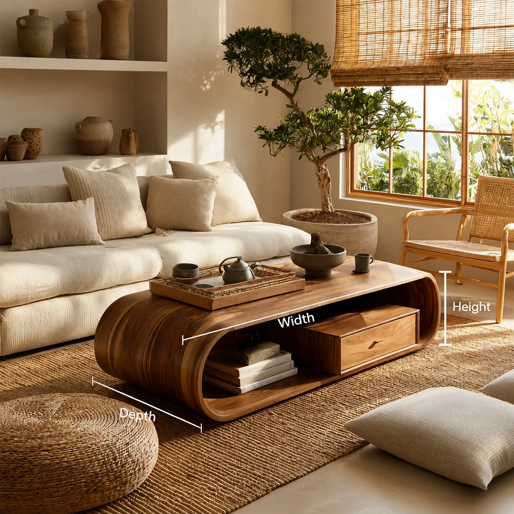 Sculptural Solid Wood Coffee Table With Curved Waterfall Base Storage Drawer And Open Shelf For Modern Living Room