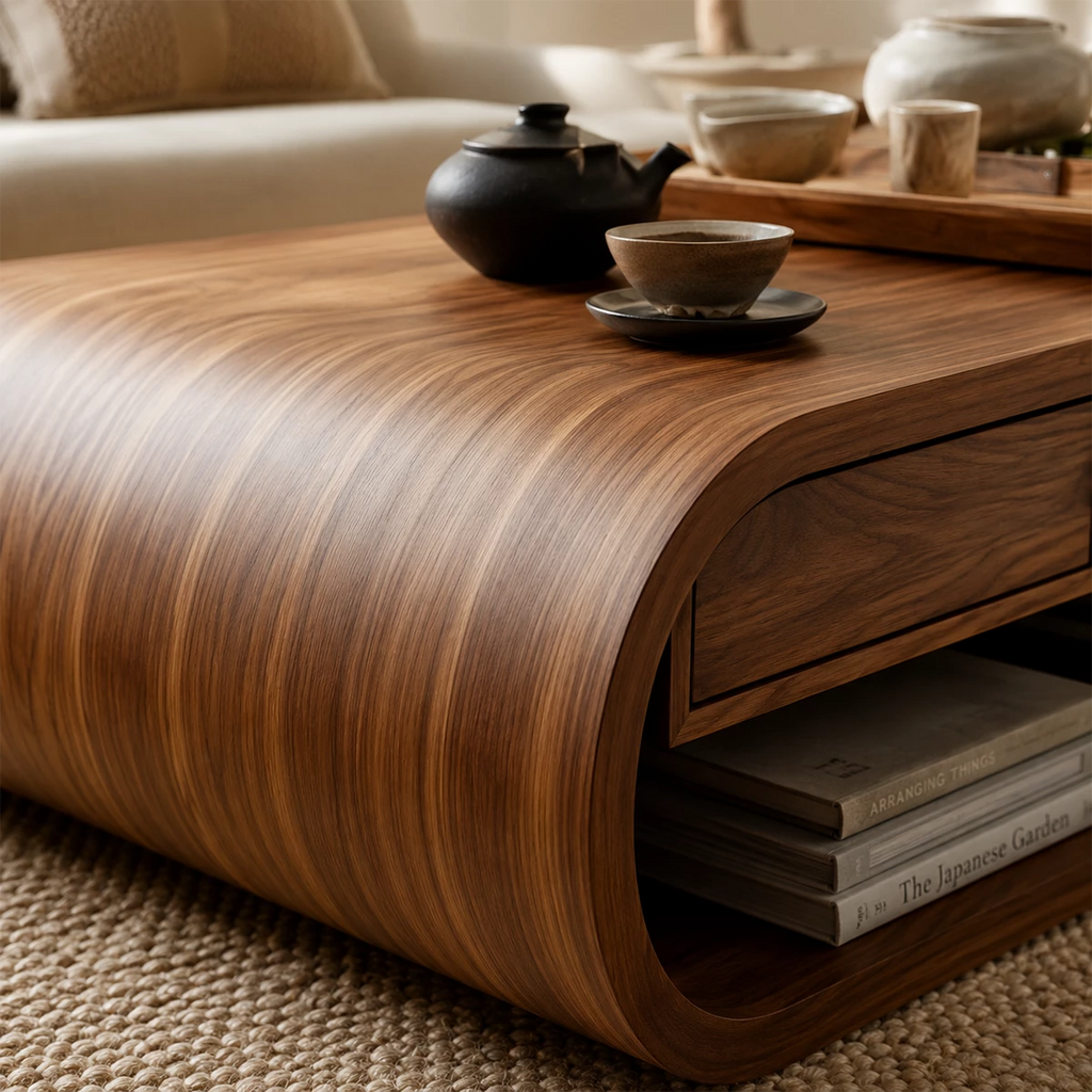 Curved Solid Wood Coffee Table With Storage Drawers Open Shelf And Rounded Waterfall Base For Modern Living Room