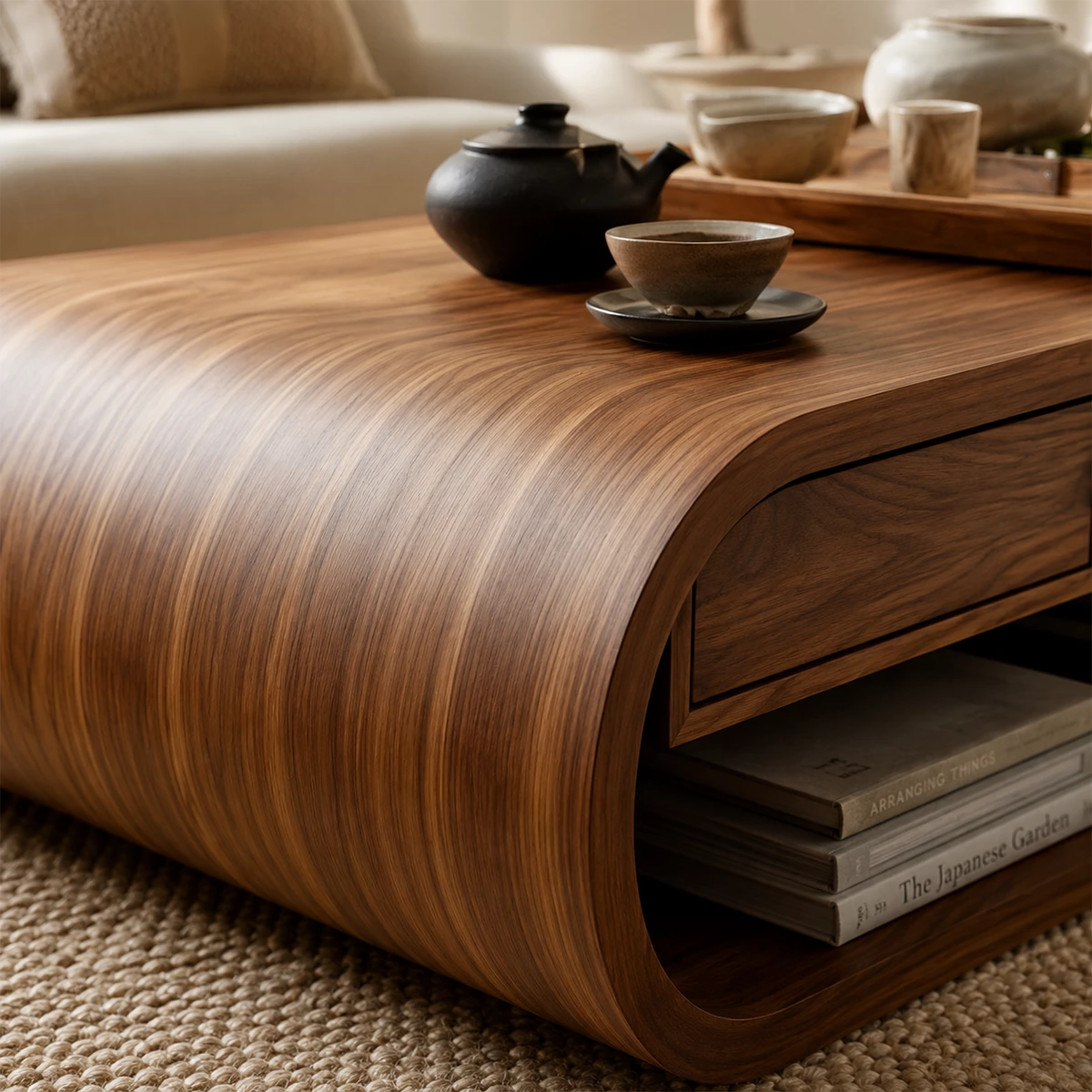 Curved Solid Wood Coffee Table With Storage Drawers Open Shelf And Rounded Waterfall Base For Modern Living Room
