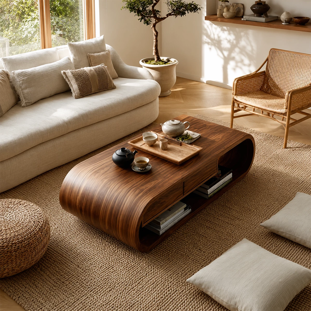 Curved Solid Wood Coffee Table With Storage Drawers Open Shelf And Rounded Waterfall Base For Modern Living Room