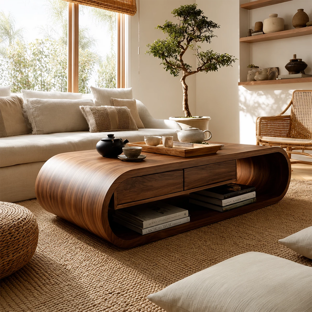 Curved Solid Wood Coffee Table With Storage Drawers Open Shelf And Rounded Waterfall Base For Modern Living Room