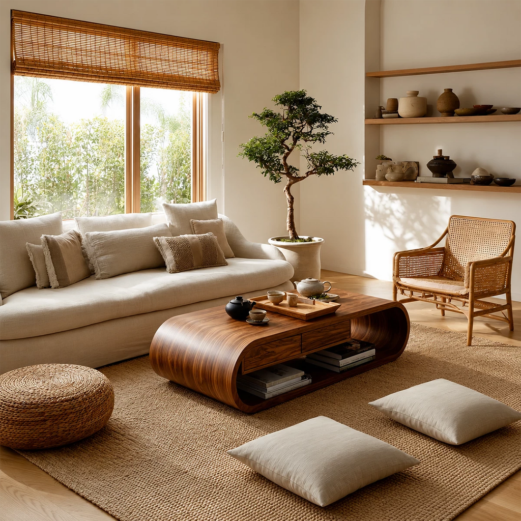Curved Solid Wood Coffee Table With Storage Drawers Open Shelf And Rounded Waterfall Base For Modern Living Room