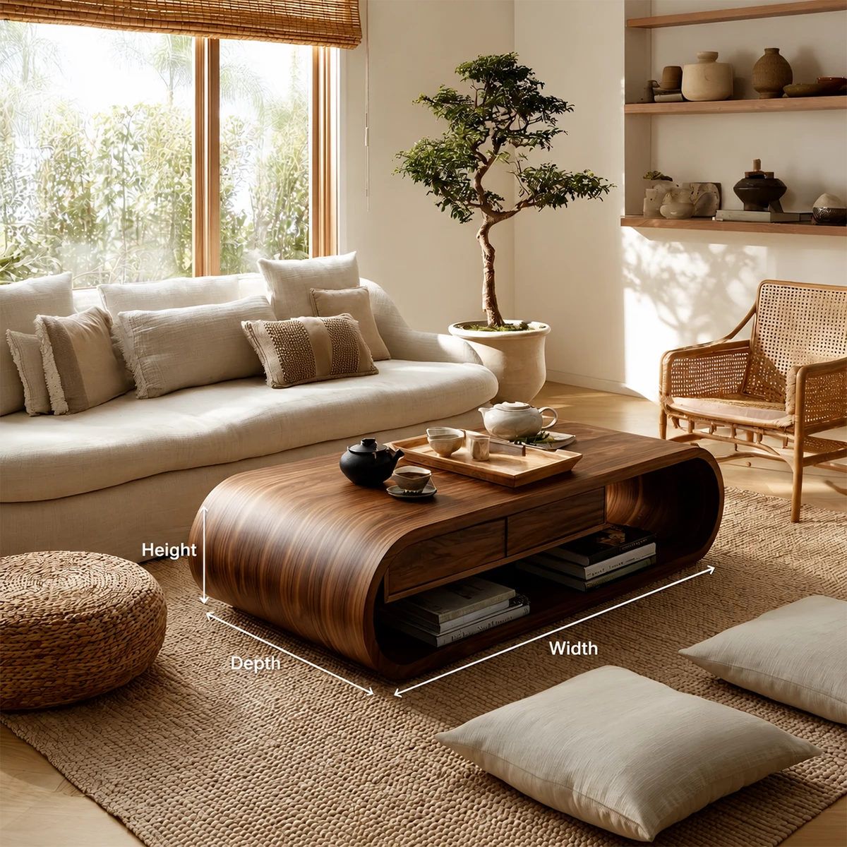 Curved Solid Wood Coffee Table With Storage Drawers Open Shelf And Rounded Waterfall Base For Modern Living Room