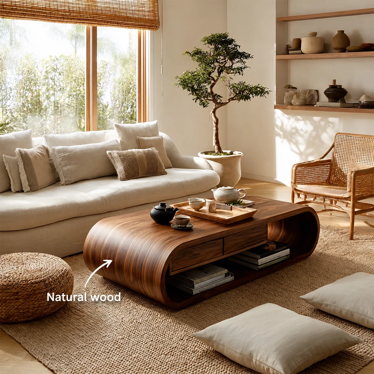 Curved Solid Wood Coffee Table With Storage Drawers Open Shelf And Rounded Waterfall Base For Modern Living Room